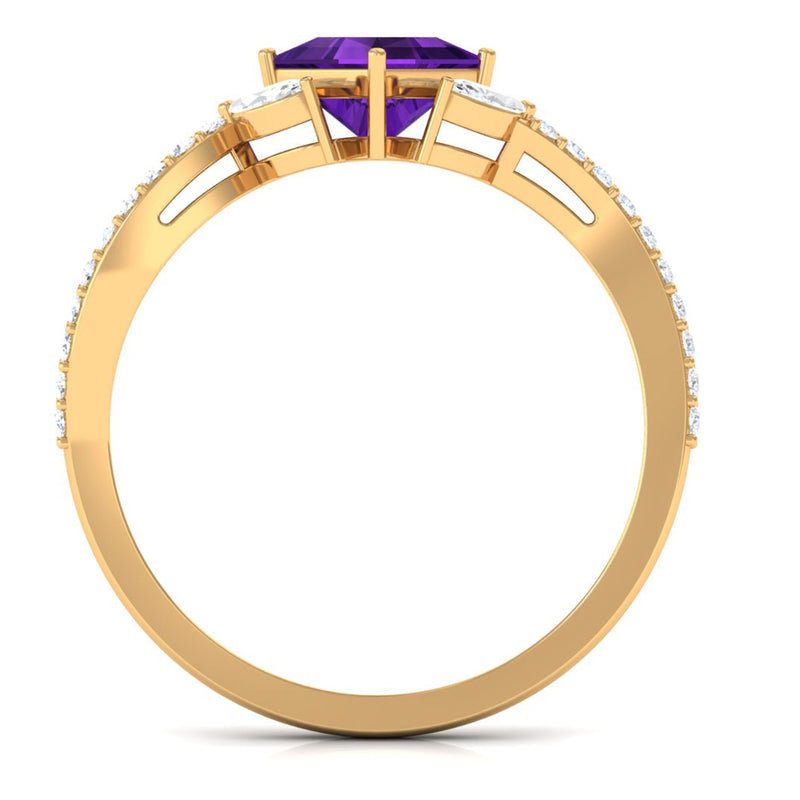 Rosec Jewels princess cut amethyst and diamond engagement ring with nature-inspired design, featuring a central purple gemstone.