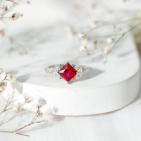 Princess Cut Lab Grown Ruby Solitaire Ring with Diamond