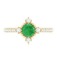 Antique Looking Real Emerald Cushion Cut Engagement Ring with Diamond