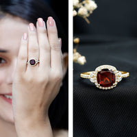 Natural Garnet Cushion Cut Engagement Ring with Diamond Halo