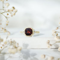 Natural Garnet Cushion Cut Engagement Ring with Diamond Halo