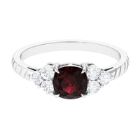 Natural 8mm Garnet Cushion Cut Engagement Ring with Diamond Trio