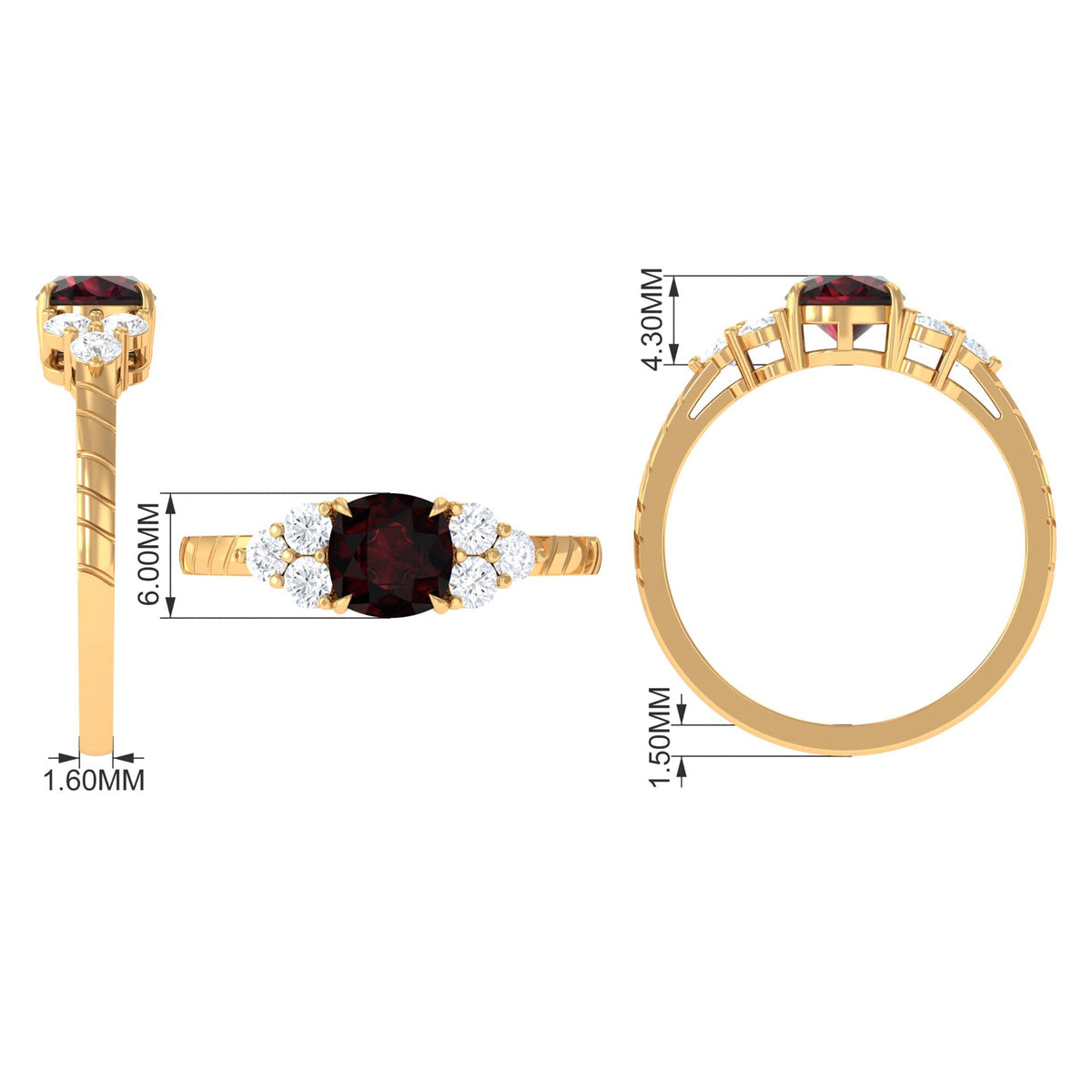Natural 8mm Garnet Cushion Cut Engagement Ring with Diamond Trio