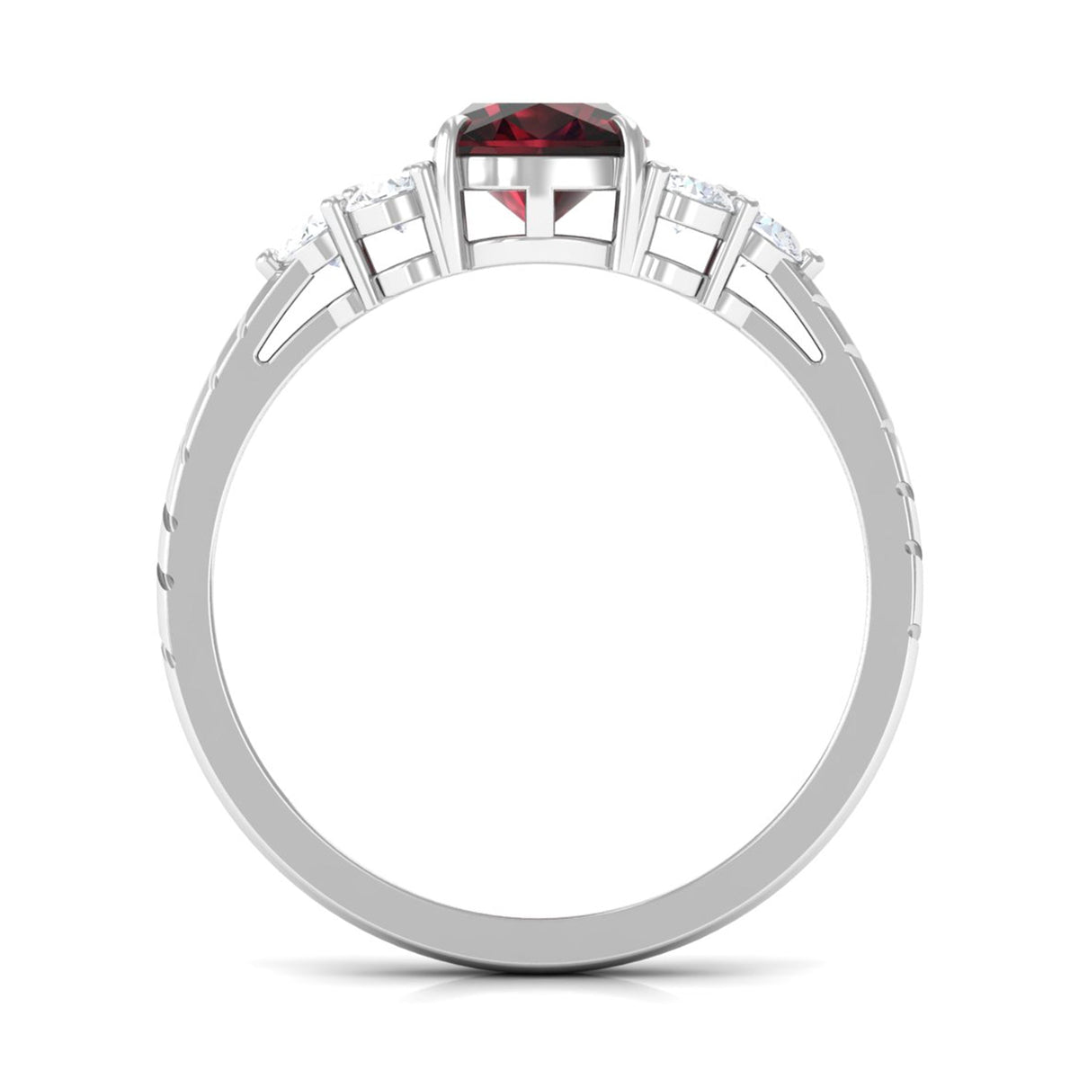 Natural 8mm Garnet Cushion Cut Engagement Ring with Diamond Trio