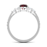 Natural 8mm Garnet Cushion Cut Engagement Ring with Diamond Trio