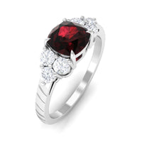 Natural 8mm Garnet Cushion Cut Engagement Ring with Diamond Trio
