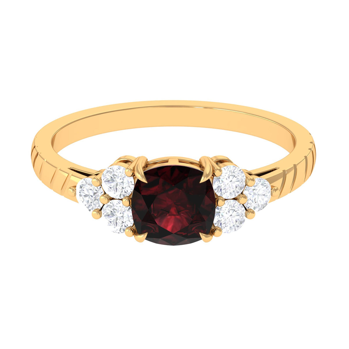 Natural 8mm Garnet Cushion Cut Engagement Ring with Diamond Trio
