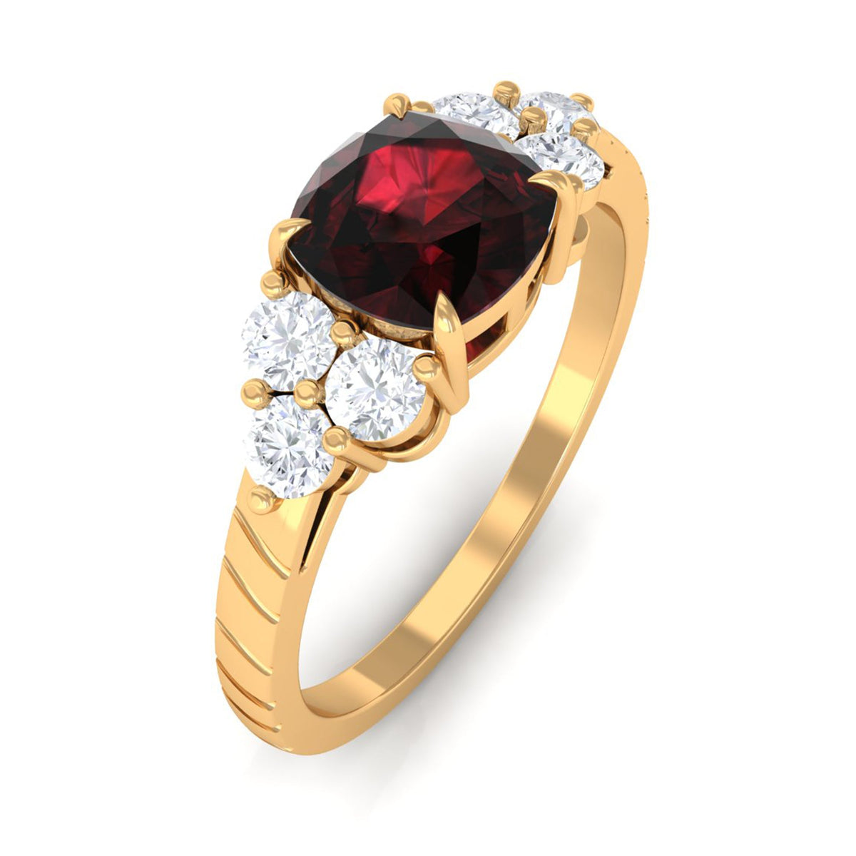 Natural 8mm Garnet Cushion Cut Engagement Ring with Diamond Trio