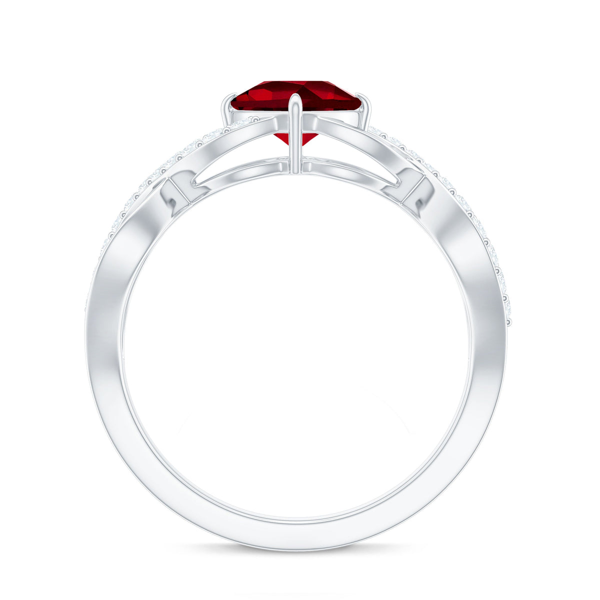 Cushion Cut Lab Grown Ruby and Diamond Crossover Engagement Ring
