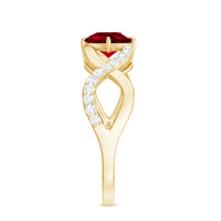 Cushion Cut Lab Grown Ruby and Diamond Crossover Engagement Ring