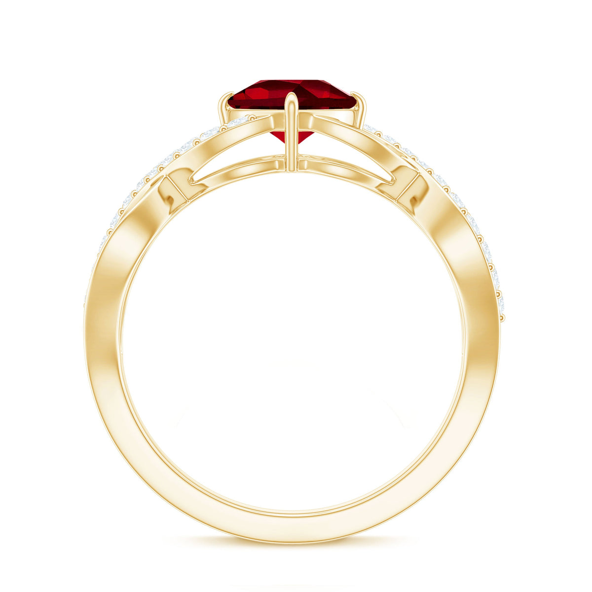 Cushion Cut Lab Grown Ruby and Diamond Crossover Engagement Ring
