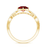 Cushion Cut Lab Grown Ruby and Diamond Crossover Engagement Ring