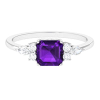 Certified Real 3 Carat Asscher Cut Amethyst Engagement Ring with Diamond Trio