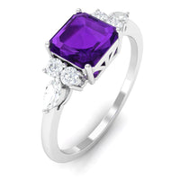 Certified Real 3 Carat Asscher Cut Amethyst Engagement Ring with Diamond Trio