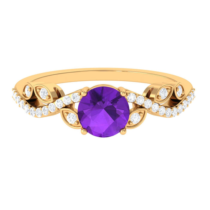 Nature-inspired 1.2 carat amethyst engagement ring with diamond accents from Rosec Jewels, showcasing intricate floral design and sparkling gemstones.