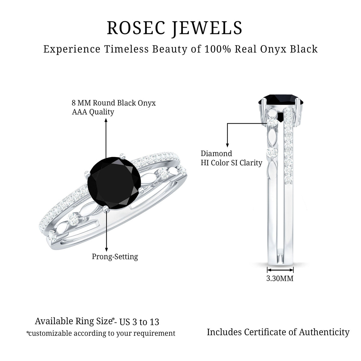 8mm Round Black Onyx and Diamond Promise Engagement Double Band Ring