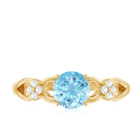Genuine Aquamarine Crossover Engagement Ring with Diamond Flower