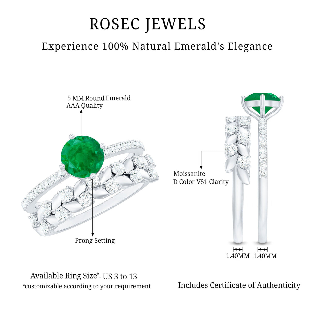 Nature Inspired Emerald Diamond Wedding Bridal Ring Set of 2