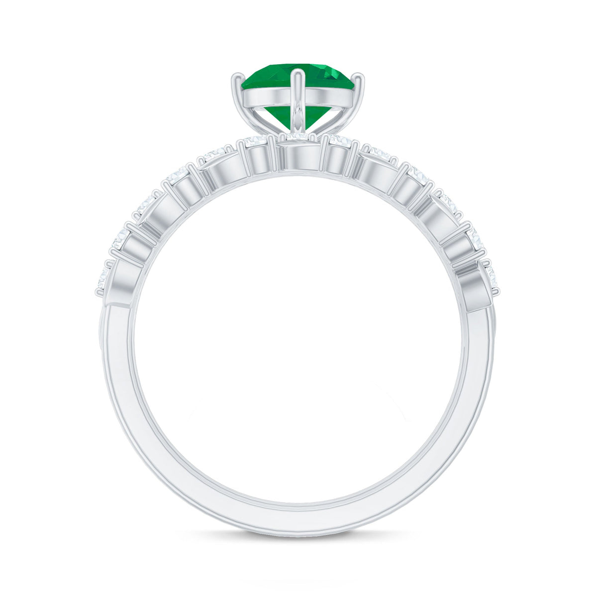 Nature Inspired Emerald Diamond Wedding Bridal Ring Set of 2
