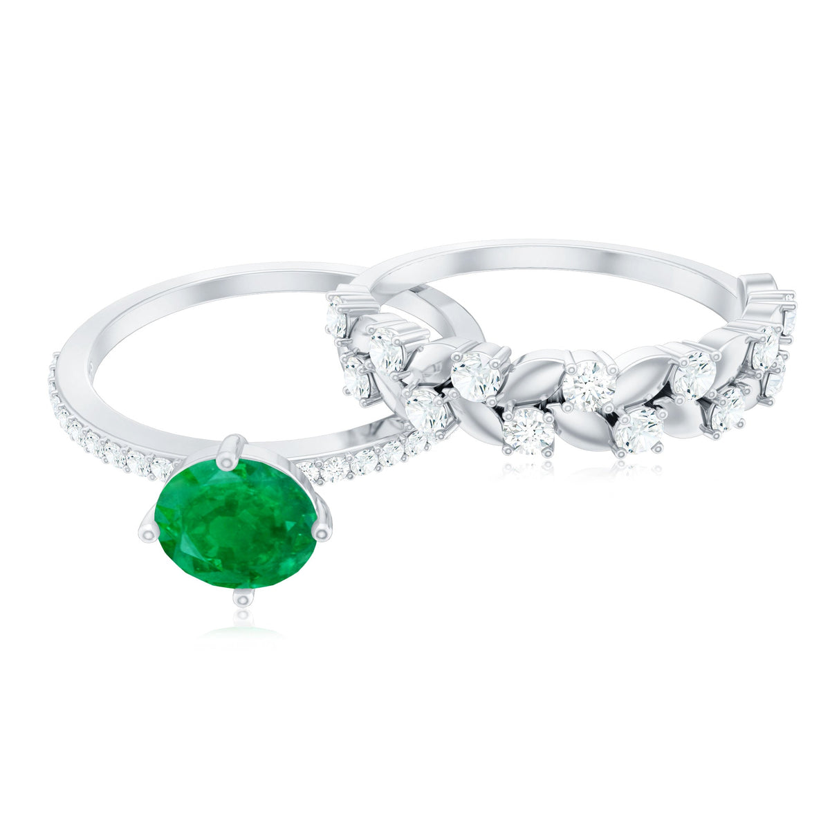 Nature Inspired Emerald Diamond Wedding Bridal Ring Set of 2