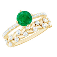 Nature Inspired Emerald Diamond Wedding Bridal Ring Set of 2