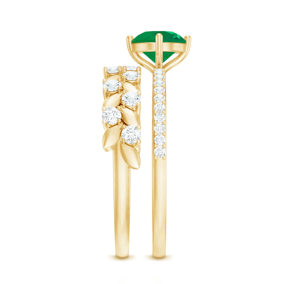 Nature Inspired Emerald Diamond Wedding Bridal Ring Set of 2