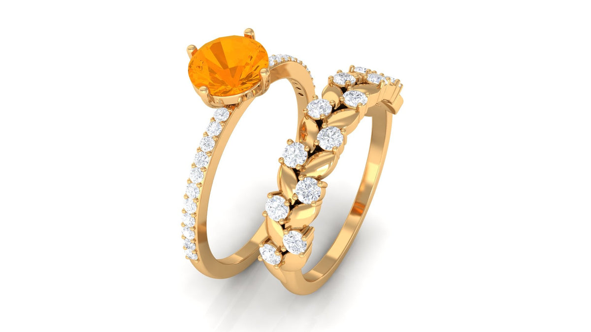 Classic Fire Opal Wedding Ring Set with Moissanite