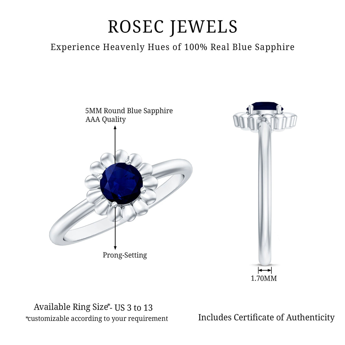 1 CT Round Cut Solitaire Blue Sapphire Gold Flower Ring