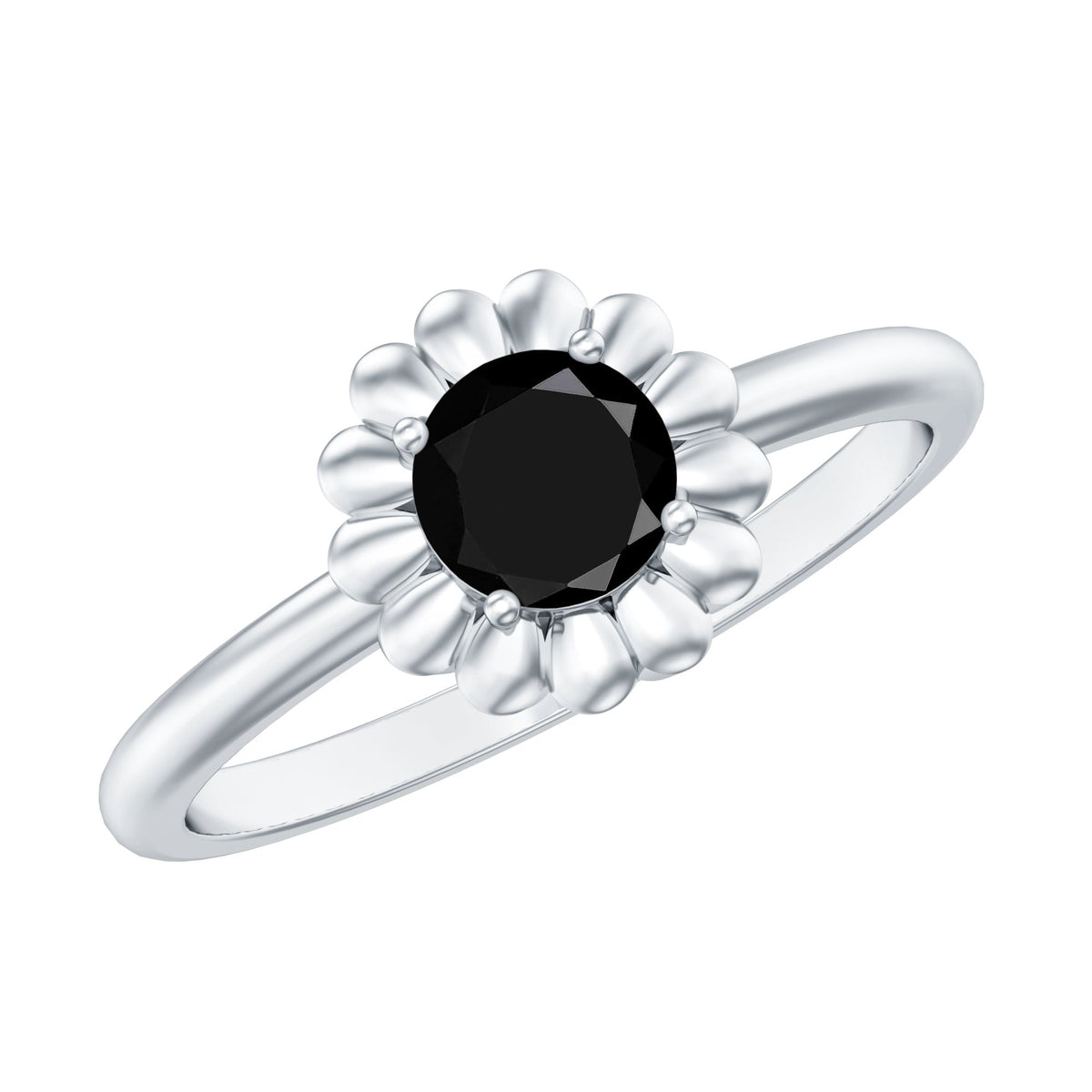 Round Cut Solitaire Lab Created Black Diamond Flower Ring