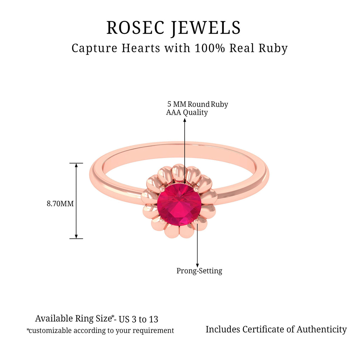 Round Cut Genuine Ruby Flower Promise Ring