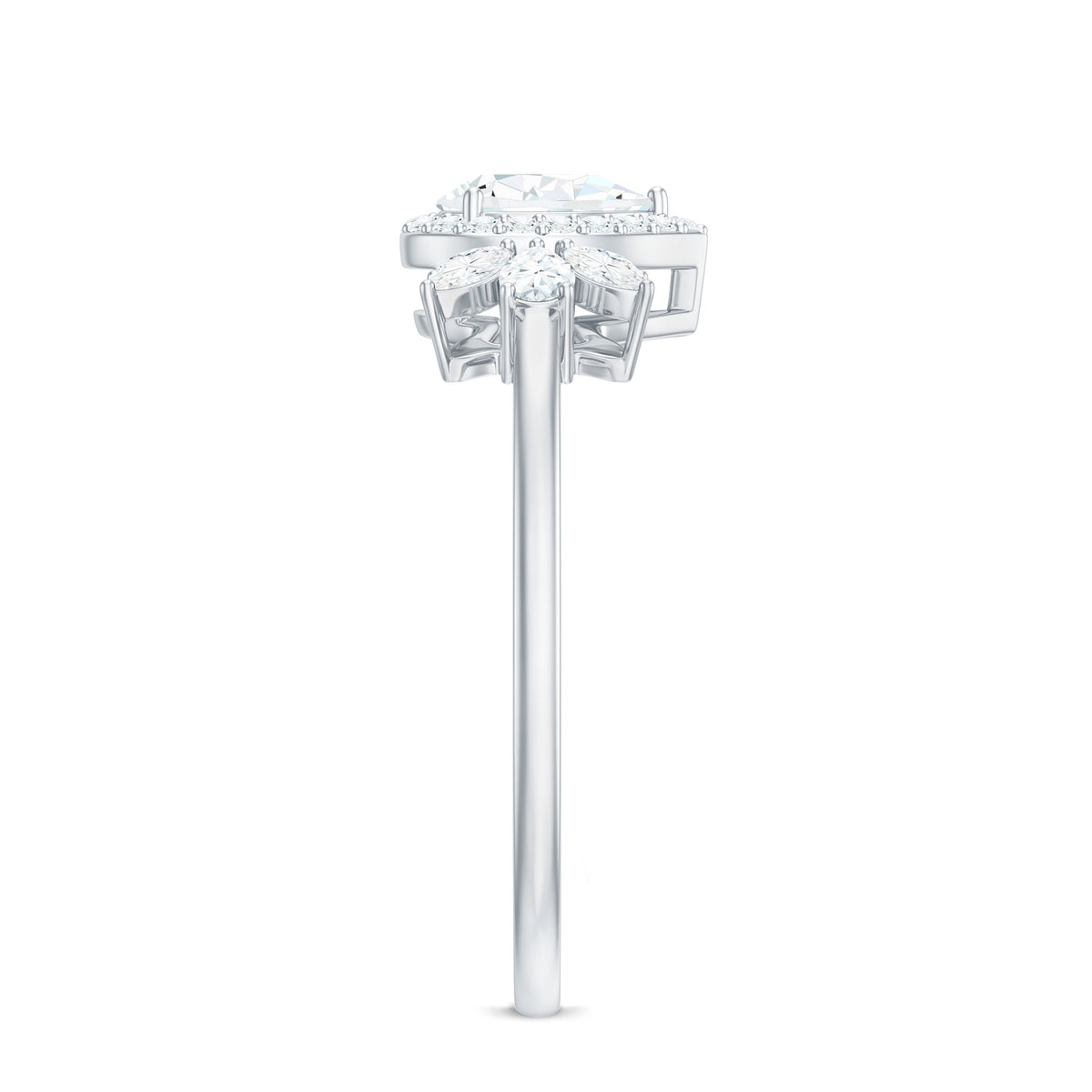 Pear Shaped Moissanite Halo Engagement Ring with Trio