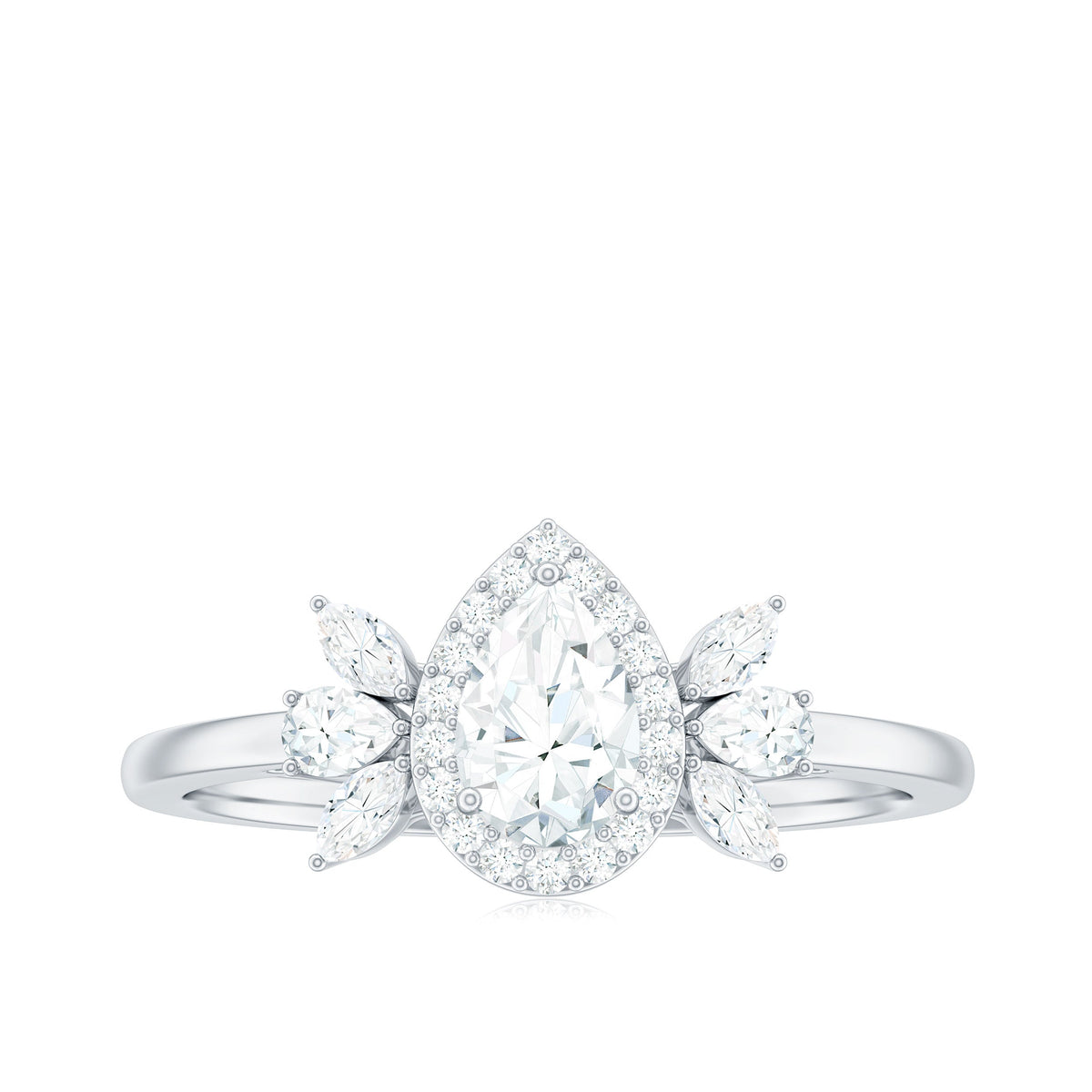 Pear Shaped Moissanite Halo Engagement Ring with Trio