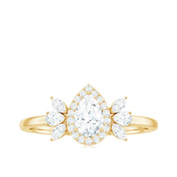 Pear Shaped Moissanite Halo Engagement Ring with Trio