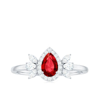 Pear Shaped Lab Grown Ruby Engagement Ring with Diamond Halo