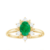Natural 5X7mm Oval Emerald Engagement Ring with Diamond Halo
