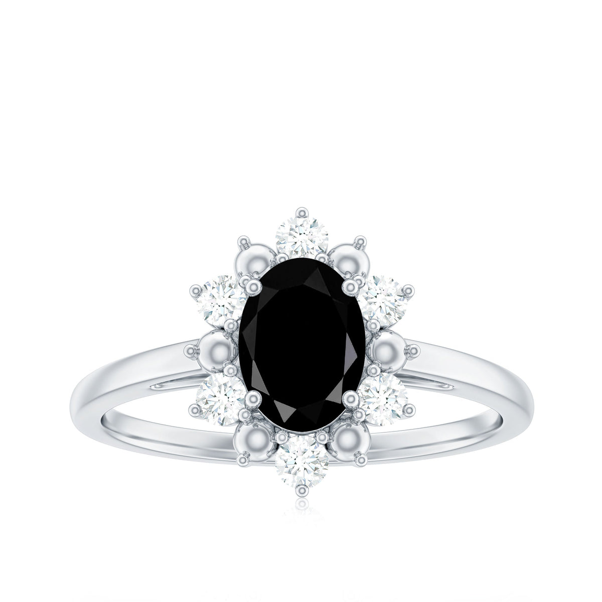Oval Created Black Diamond Floral Halo Engagement Ring with Diamond