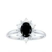 Oval Created Black Diamond Floral Halo Engagement Ring with Diamond