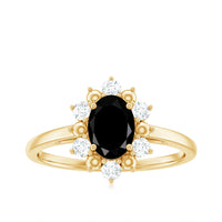 Oval Created Black Diamond Floral Halo Engagement Ring with Diamond