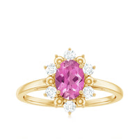Oval Pink Tourmaline Floral Halo Engagement Ring with Diamond