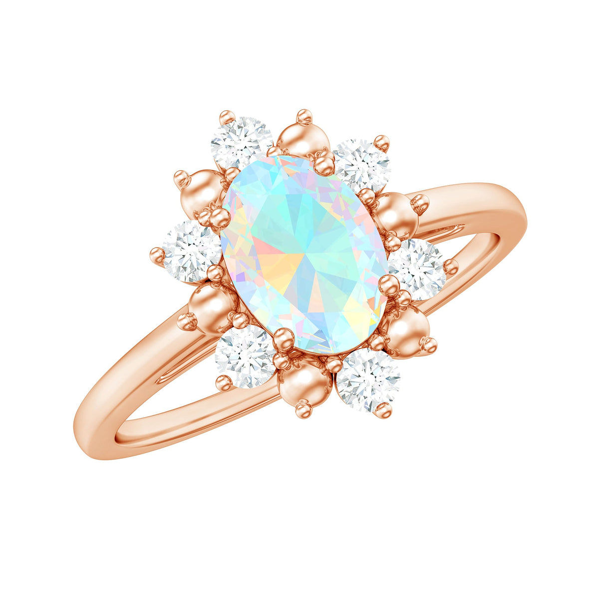 Natural 5X7mm Opalescent Oval Engagement Ring with Diamond Halo