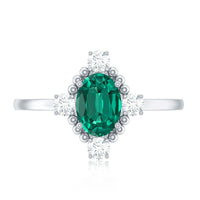 Vintage Inspired Lab Grown Emerald Oval Engagement Ring with Diamond