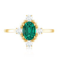 Vintage Inspired Lab Grown Emerald Oval Engagement Ring with Diamond