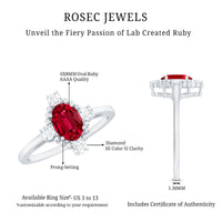 Vintage Inspired Lab Grown Ruby Oval Engagement Ring with Diamonds