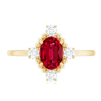 Vintage Inspired Lab Grown Ruby Oval Engagement Ring with Diamonds
