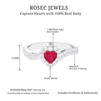 Natural 0.6 Carat Ruby Heart Engagement Ring with Diamond Bypass Shank