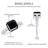 Genuine Black Onyx 8mm Asscher Cut Engagement Ring with Diamond