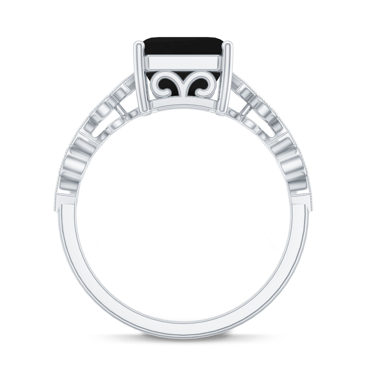 Genuine Black Onyx 8mm Asscher Cut Engagement Ring with Diamond