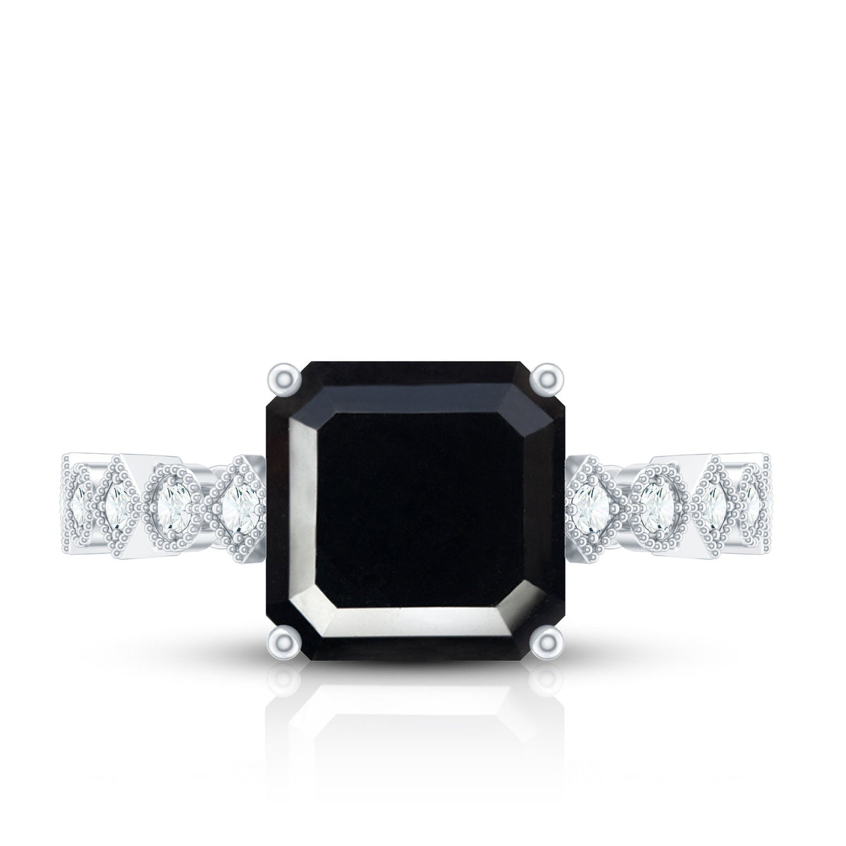 Genuine Black Onyx 8mm Asscher Cut Engagement Ring with Diamond
