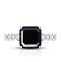 Genuine Black Onyx 8mm Asscher Cut Engagement Ring with Diamond