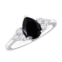 0.85 Carat Lab Grown Black Diamond Pear Shape Engagement Ring with White Diamond Trio